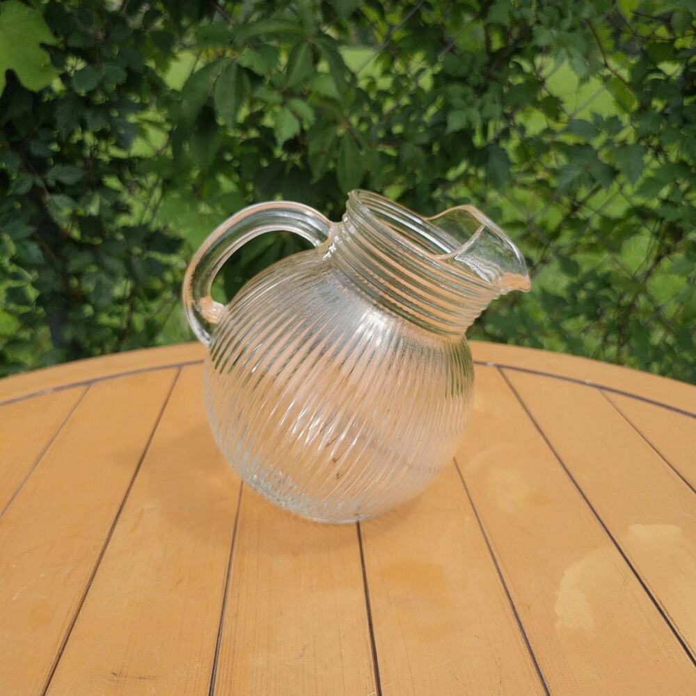 Vintage Hazel Atlas Clear Ribbed Glass Tilted Ball Pitcher